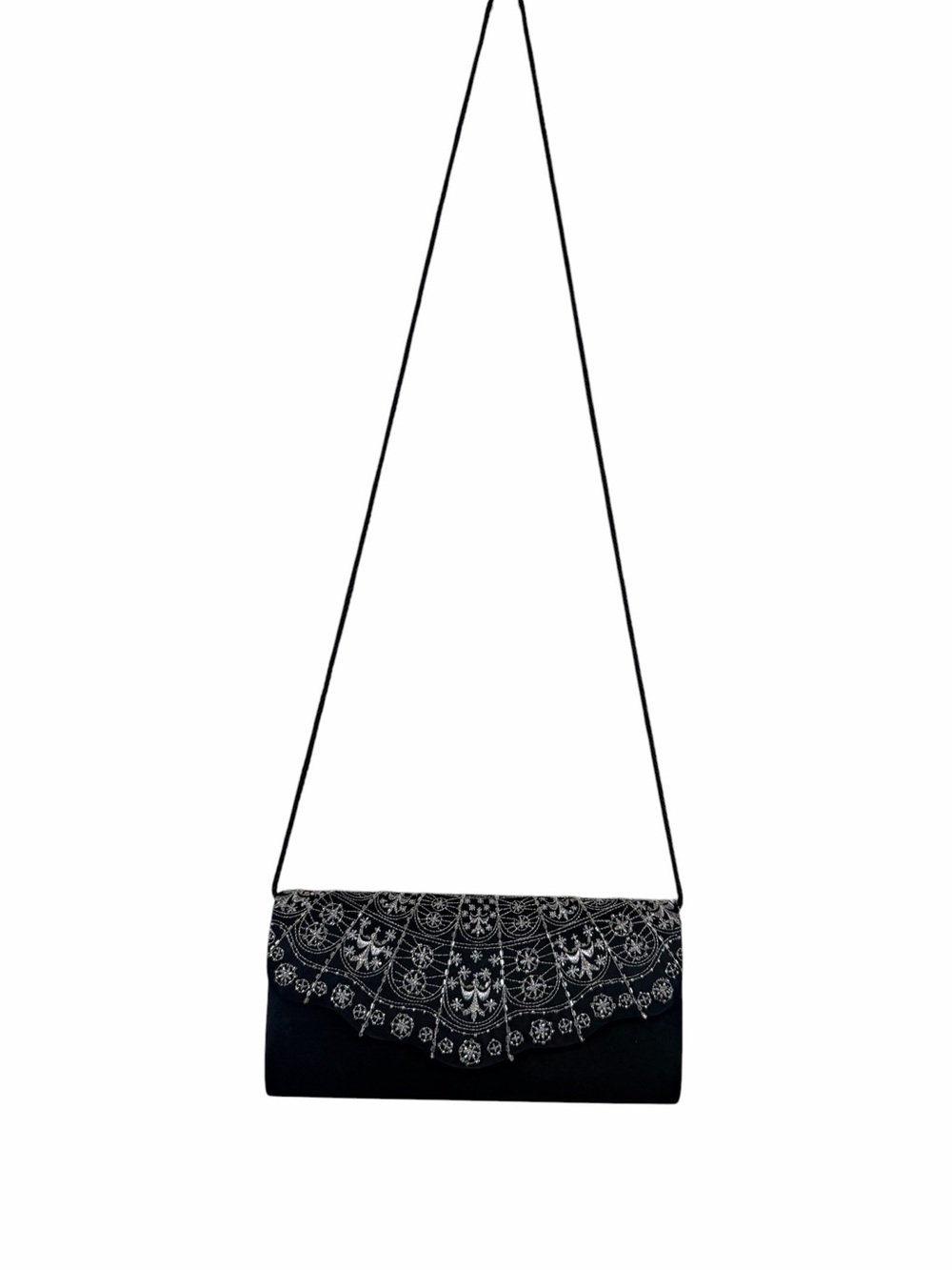 Vintage Black Embroidered Evening Clutch Bag with Strap